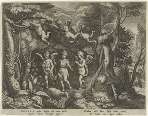 Johannes Døberen er ledsaget af engle, når han går ud i ørkenen Johannes Døberens liv (serietitel) af Cornelis Galle (I)