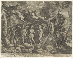 Johannes Døberen er ledsaget af engle, når han går ud i ørkenen Johannes Døberens liv (serietitel) af Cornelis Galle (I)