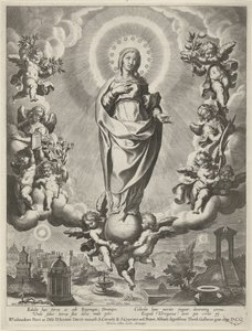 Maria på en globus, omgivet af engle af Cornelis Galle (I)