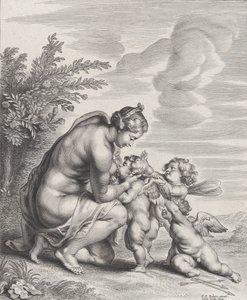 Venus ammer tre amoriner i et landskab, ca. 1627-78. af Cornelis Galle II