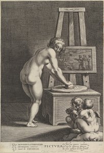 Pictura: allegori over maleri, med en nøgen kvinde i midten, der maler pigmenter, to p..., ca. 1610-50.