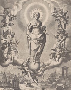 Jomfruen i herlighed, stående på skyer og omgivet af engle med symbolerne ..., 1595-1633.