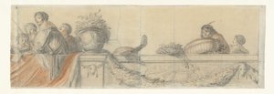Folk på en balustrade med festoner Design til vægmalerier i Honselaersdijk Slot (serietitel) af Cornelis Holsteyn