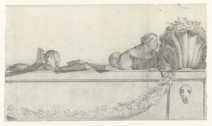Folk på en balustrade med festoner Design til vægmalerier i Honselaersdijk Slot (serietitel) af Cornelis Holsteyn