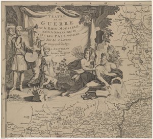 Kort over regionen øst og syd for Bruxelles og amtet Namur (blad øverst til venstre) Carte de la Meuse eller Téâtre de la Guerre sur le Rhein, Moessele, Mayn, le Necker, Meuse avec les pais voisins (titel på objektet) af Cornelis Huyberts