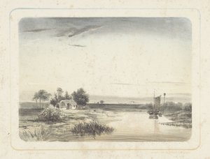 Flodlandskab med hus og sejlbåd Seks landskaber (serietitel) af Cornelis Jan Bolt