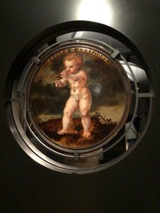 Portræt af Adam Wachendorff med en putto, der blæser bobler af Cornelis Ketel