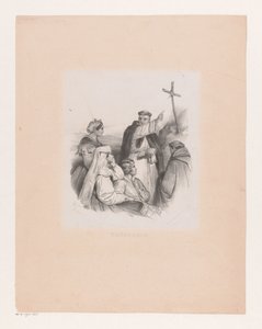 Kompagni og munke ved et kors Teologi (titel på objekt) af Cornelis Kruseman