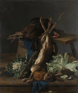 Stilleben med hare og en sort hane af Cornelis Lelienbergh