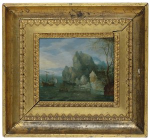Et klippefyldt kystlandskab med figurer på kysten og en fortøjet kabys (olie på kobber) af Cornelis Liefrinck