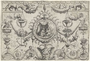 Ornament med tre figurer knælende under et klæde af Cornelis Massijs (attributed to)