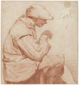 Siddende mand med en blød kasket, i profil til højre, med højre hånd løftet af Cornelis Pietersz. Bega (attributed to)