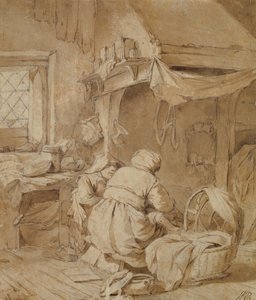 Stuestue med bonde, vugge og barn, ca. 1654 (pen og blæk og pensel over blyant på papir) af Cornelis Pietersz Bega