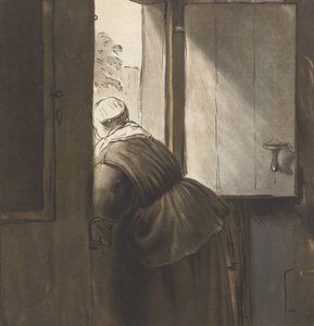 En kvinde, der læner sig op ad bunddøren, efter Rembrandt van Rijn af Cornelis Ploos van Amstel