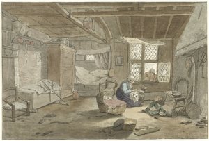 Interiør med kvinde ved krybbe af Cornelis Ploos van Amstel (signed by artist)