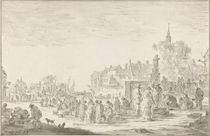 fiskemarked af Cornelis Ploos van Amstel (signed by artist)