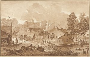 Udsigt til landsbyen med dam af Cornelis Ploos van Amstel
