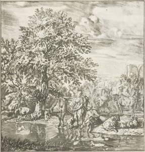 Hyrde og hyrdinde med flok ved en flod Trykt værk (serietitel) af Cornelis Ploos van Amstel