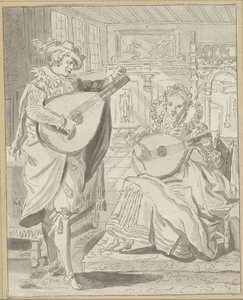 Lute spiller herre og dame af Cornelis Ploos van Amstel