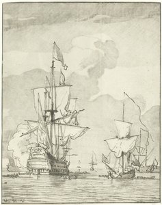 Krigsskib, der affyrer et skud af Cornelis Ploos van Amstel