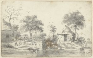 Gård med lade på vandet af Cornelis Saftleven