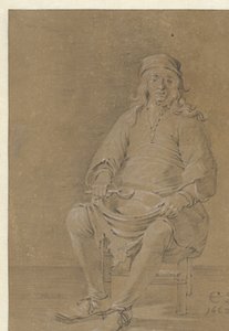 Siddende mand med en skål på skødet af Cornelis Saftleven