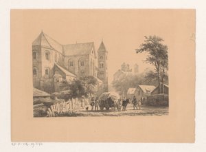 Kvæg med vogn foran kirken fra det 11. århundrede Sankt Peters Kirke af Cornelis Springer