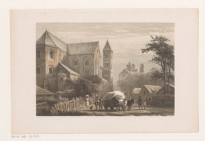 Kvæg med vogn foran kirken fra det 11. århundrede Sankt Peters Kirke af Cornelis Springer