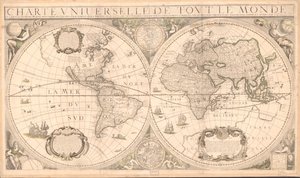 Relief vist billedmæssigt. Indeholder illustrationer, noter og to himmelske halvkugler. Samlet af to ark. LC kopi let farvet, kun i grøn. Monteret på stof, med stifthuller i alle hjørner. Shirley, R.W. Mapping of the world, 323 Tilgængelig en af Cornelis; Tavernier Danckerts
