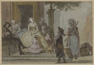 Hurdy-gurdy-afspiller til en lyttende familie på et byhusdørtrin af Cornelis Troost