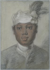 Hoved af en sort ung mand med fjerbeklædt turban
