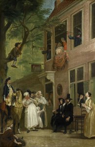 Vildledt: Slynglernes ambassadør afslører sig selv fra vinduet på "t Bokki Tavern i Haarlemmerhout, ca. 1739