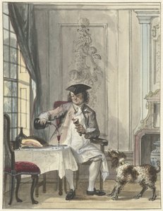 Spisemand med et glas vin og en knogle af Cornelis Troost