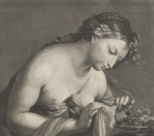 Erigone læner sig over et fad med vindruer og løfter et stykke stof med begge hænder,..., ca. 1700.