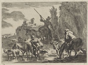 Hyrder med kvæg vader gennem et vandløb Landskaber (serietitel) af Cornelis Visscher (II)