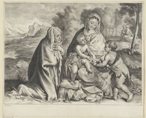 Landskab med den hellige familie, Johannes Døberen og Elizabeth af Cornelis Visscher (II)