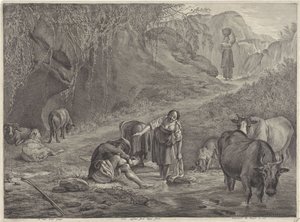 Vaskekoner og en hyrde ved havnefronten af Cornelis Visscher (II)