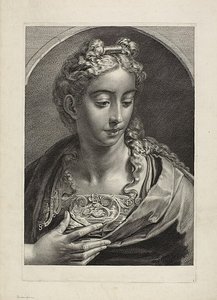 Athena, fra Cabinet Reynst; Variarum imaginum a celeberrimis artificibus pictarum Caelaturae (Cabinet Reynst: Stik af forskellige billeder malet af berømte kunstnere) af Cornelis Visscher