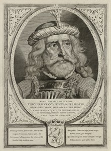 Dirk I, greve af Holland, i rustning. Rammen er dekoreret med Hollands våbenskjold. NL-HlmNHA 1477 53012894 af Cornelis Visscher