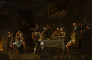 Mine damer og herrer fester omkring et bord, ca. 1612-67 (olie, lærred og papir) af Cornelis de (attr. to) Wael