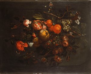 En buket frugt og blomster hængende fra et søm i en niche af Cornelis de Heem