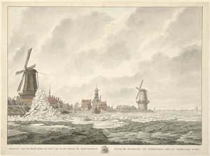 Udsigt over halvmånen af ​​isen, på og mod brystværnet bag Runmolen i Gorinchem, den 20. februar 1799 af Cornelis de Jonker