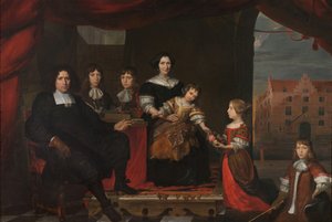 Reyer Reyersz van der Burch (1630-1695), ammunitionsofficer tilknyttet Generalstaternes Arsenal, Delft, med sin kone Geertruid Graswinckel og deres børn Frank, Cornelis, Reyer, Maria og Alida af Cornelis de Man (attributed to)