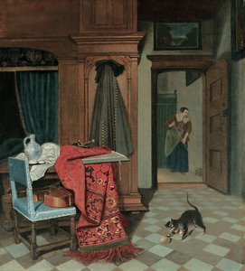 Interiør med et tæppe, et sværd og en kande på et bord, en cello på en stol, en frakke hængende på et skab, en kat, der leger med en bold, en stuepige bagved
