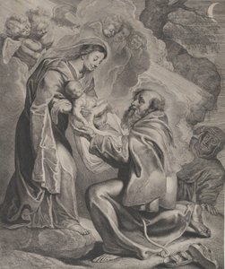 Visionen om Saint Francis, knælende til højre, modtagelse af Kristusbarnet fra Jomfruen..., 1650.