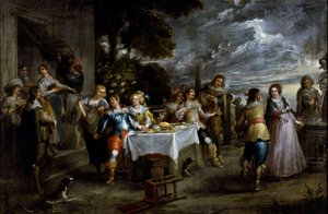 Historien om den fortabte søn: dissipation. Maleri af Cornelis De Wael (1592-1667), omkring 1630-1639. flamsk kunst. Olie på lærred. Mål: 57x86 cm. Gener, Privee Collection.