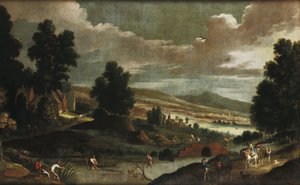 Landskab med vejfarende og fiskere af Cornelis de Wael