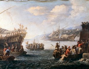Soldater, der går om bord for at kæmpe mod tyrkerne i havnen i Genoz (maleri