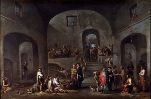 De syv værker af korporal misericorde: "" fangernes besøg"" Maleri af Cornelis De Wael (1592-1667) (ec.flam) Gener, samling Banco di Chiavari af Cornelis de Wael
