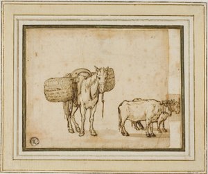 To skitser: Muldyr, der bærer kurve, par okse på åg af Cornelis de Wael